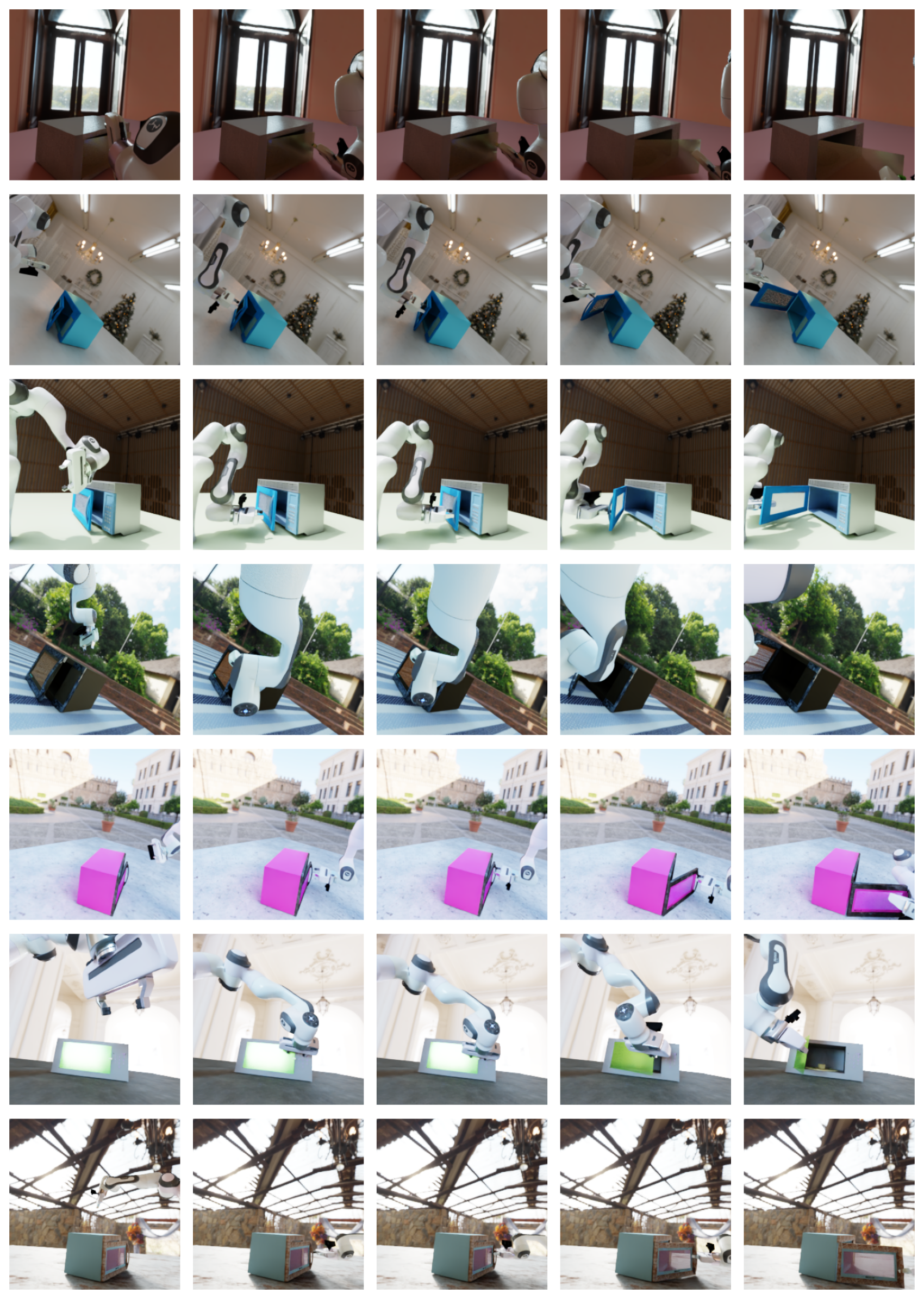 Grid of simulated microwave-opening rollouts in IsaacLab with domain randomization.